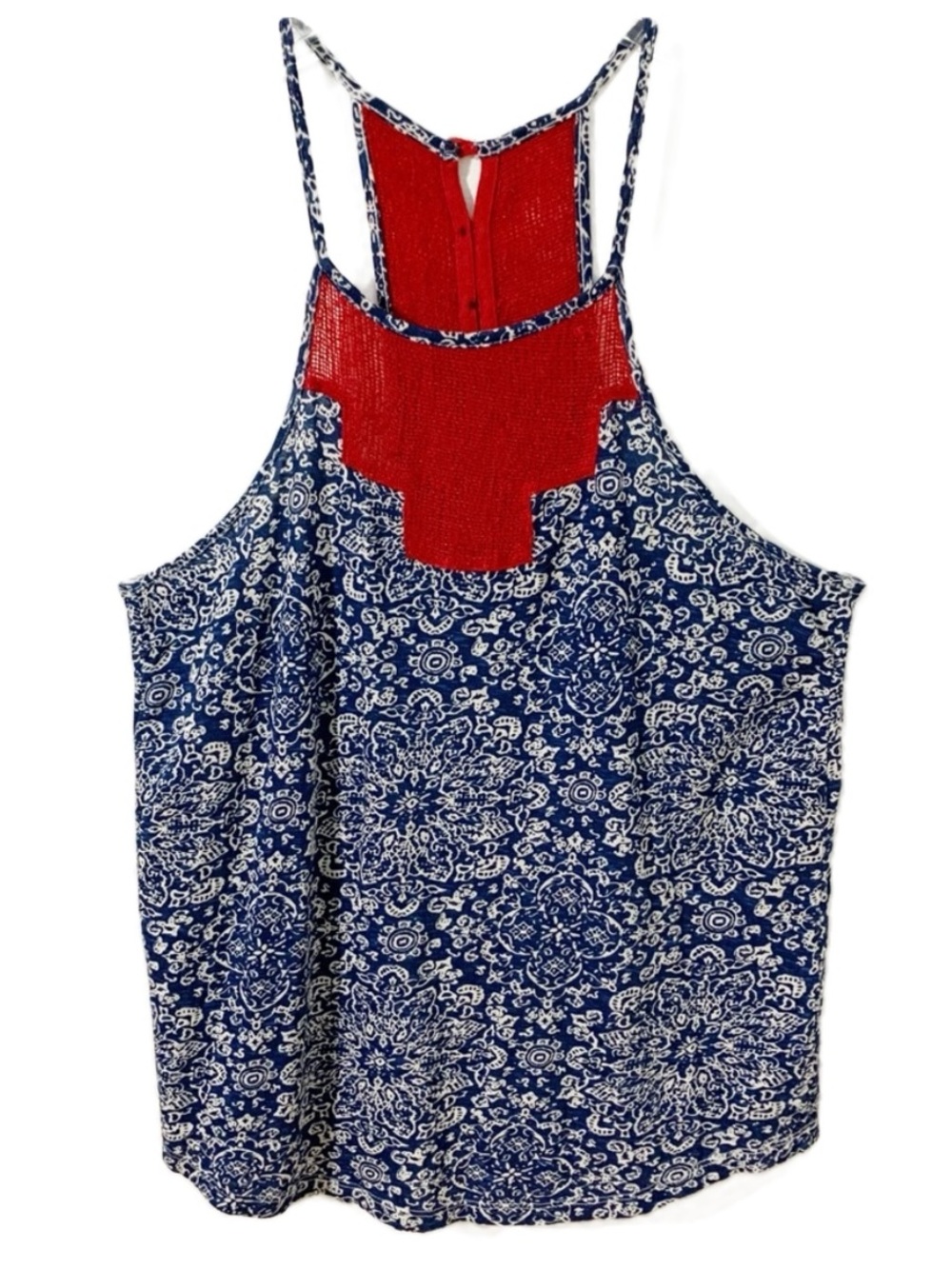 Lucky Brand Crocheted Sleeveless Floral Print Blouse with Racer Back Buttons 🔴🔵